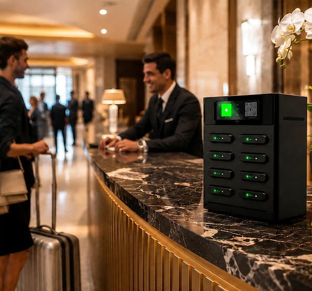 Stazione PresaBene di powerbank condivisi appoggiata sul bancone in marmo di una reception, con gli slot illuminati di verde